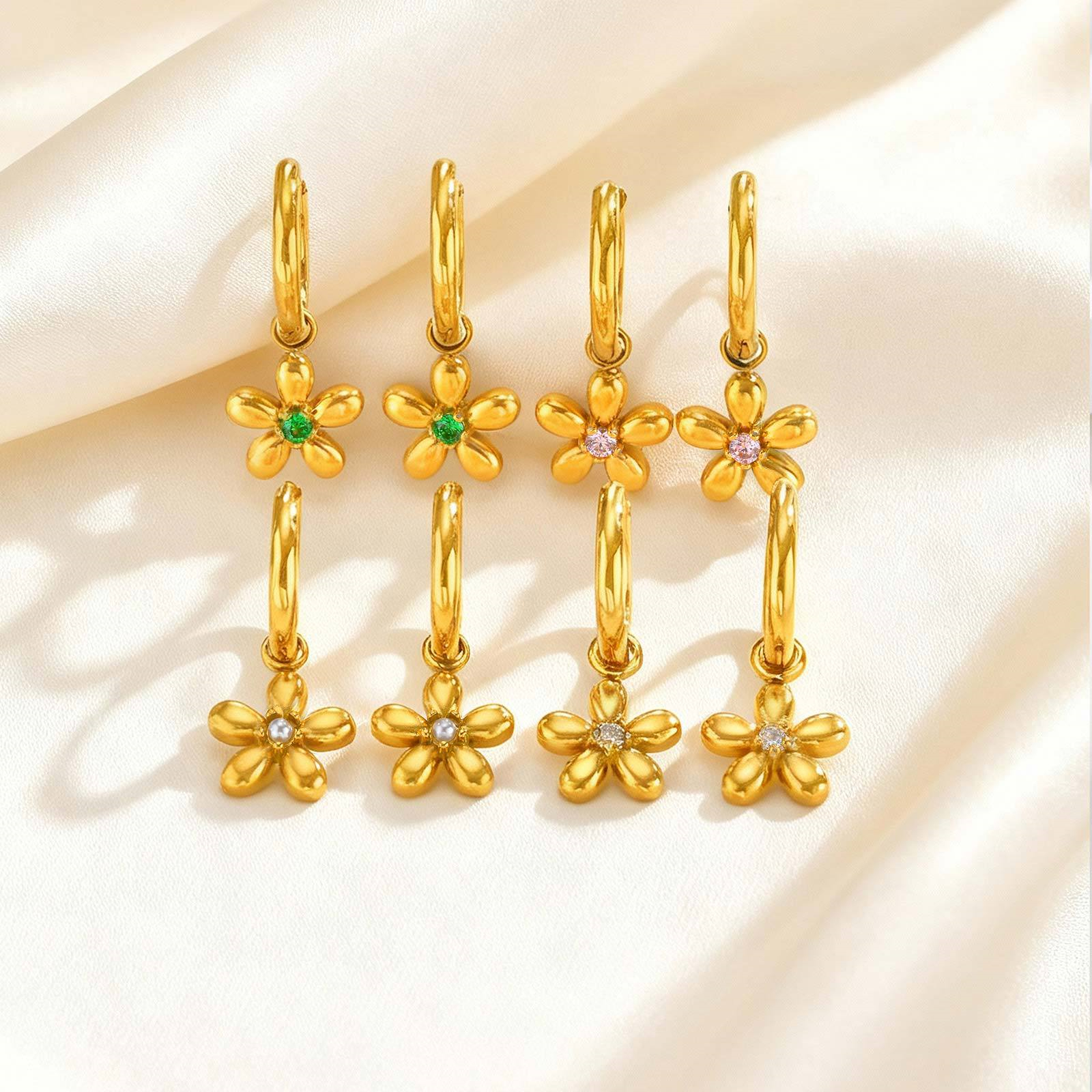 Stainless Steel Gold Plated Drop Earrings Trendy Women's Flower Design Exquisite Commuter Earrings