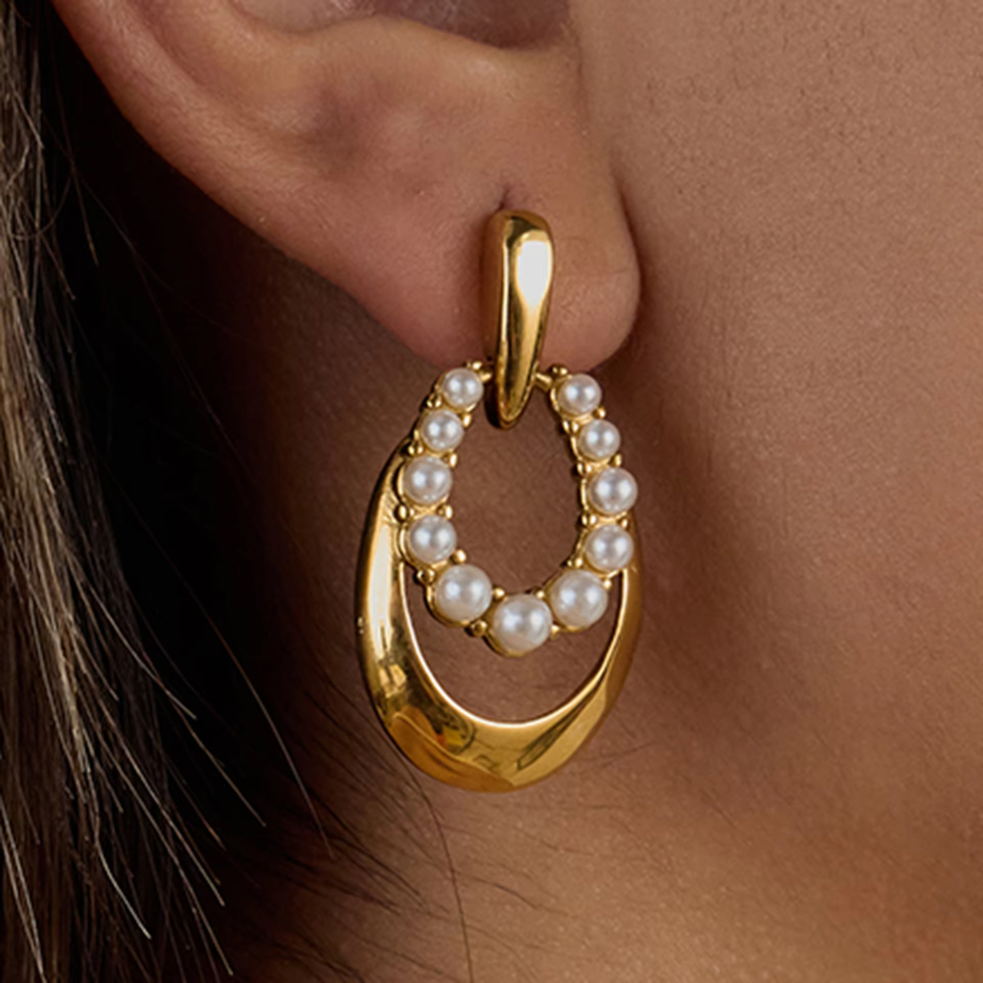 Stainless Steel Imitation Pearl Drop Earrings Women's Luxury Fashion Trendy High-grade Zircon Gold-color Plating Party Jewelry