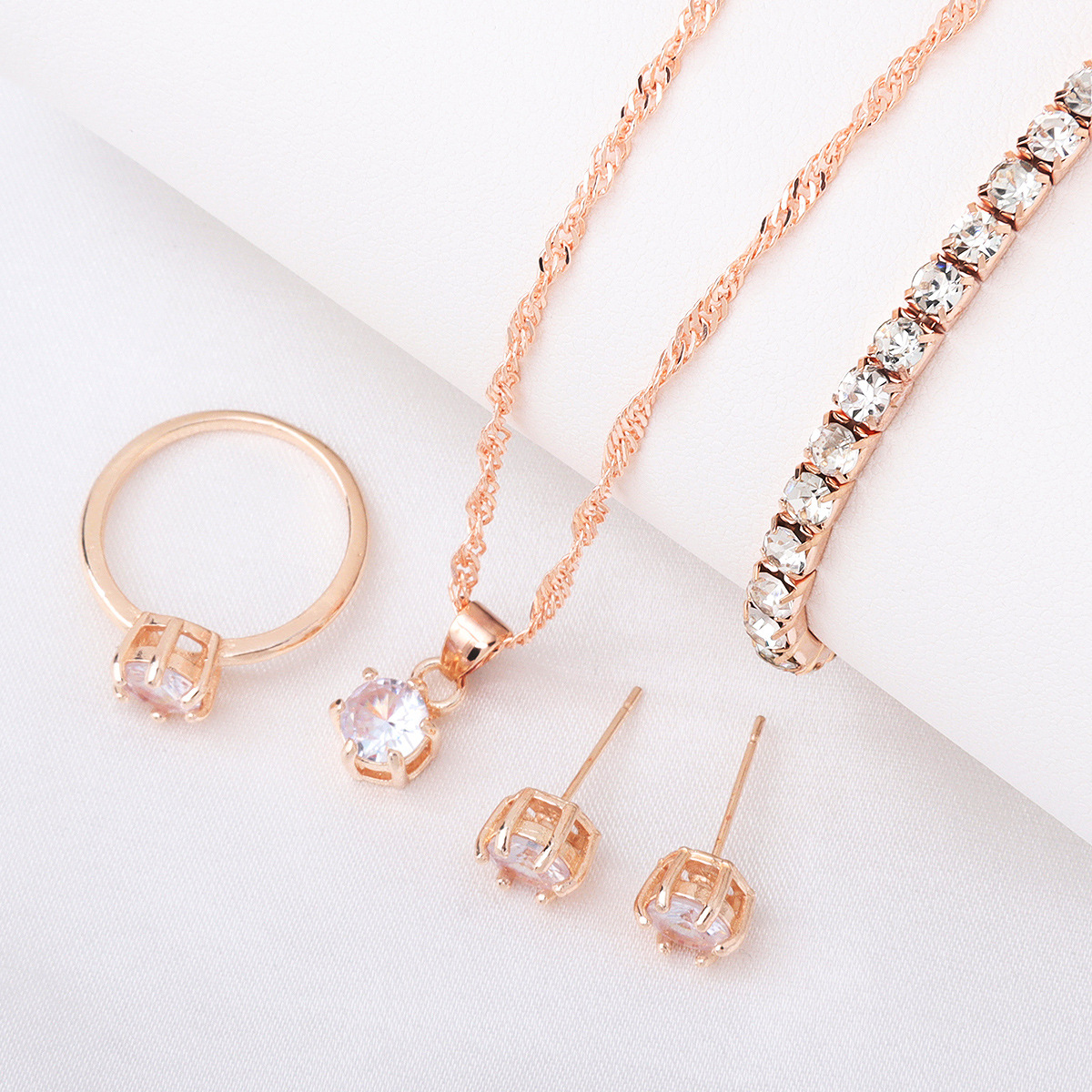 Elegant Stainless Steel Jewelry Sets Round Zircon Necklace Earrings Ring Bracelet Set Gold Silver Jewelry Sets for Women