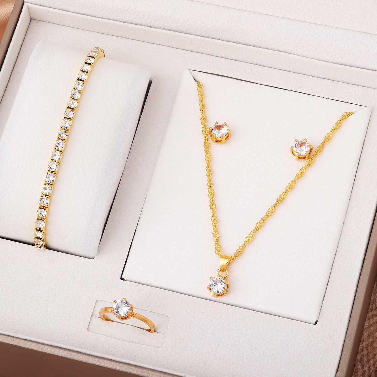 Elegant Stainless Steel Jewelry Sets Round Zircon Necklace Earrings Ring Bracelet Set Gold Silver Jewelry Sets for Women