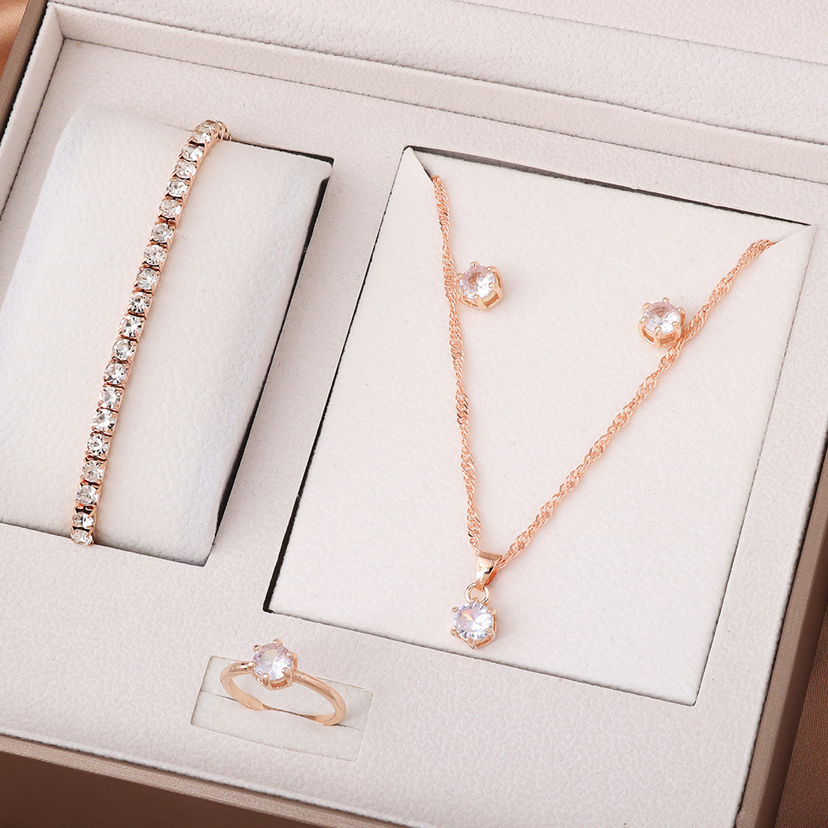 Elegant Stainless Steel Jewelry Sets Round Zircon Necklace Earrings Ring Bracelet Set Gold Silver Jewelry Sets for Women