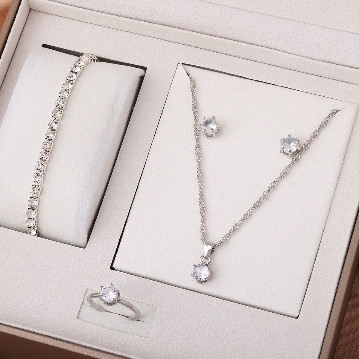 Elegant Stainless Steel Jewelry Sets Round Zircon Necklace Earrings Ring Bracelet Set Gold Silver Jewelry Sets for Women