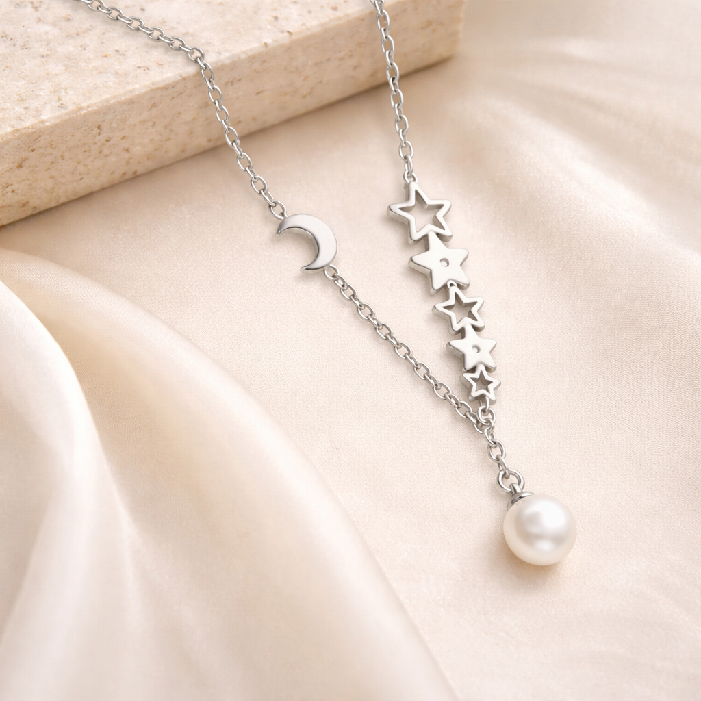 Stainless Steel Moon Star Pearl Necklace 316L Stainless Steel Pendant Necklace Minimalist Charm Necklace