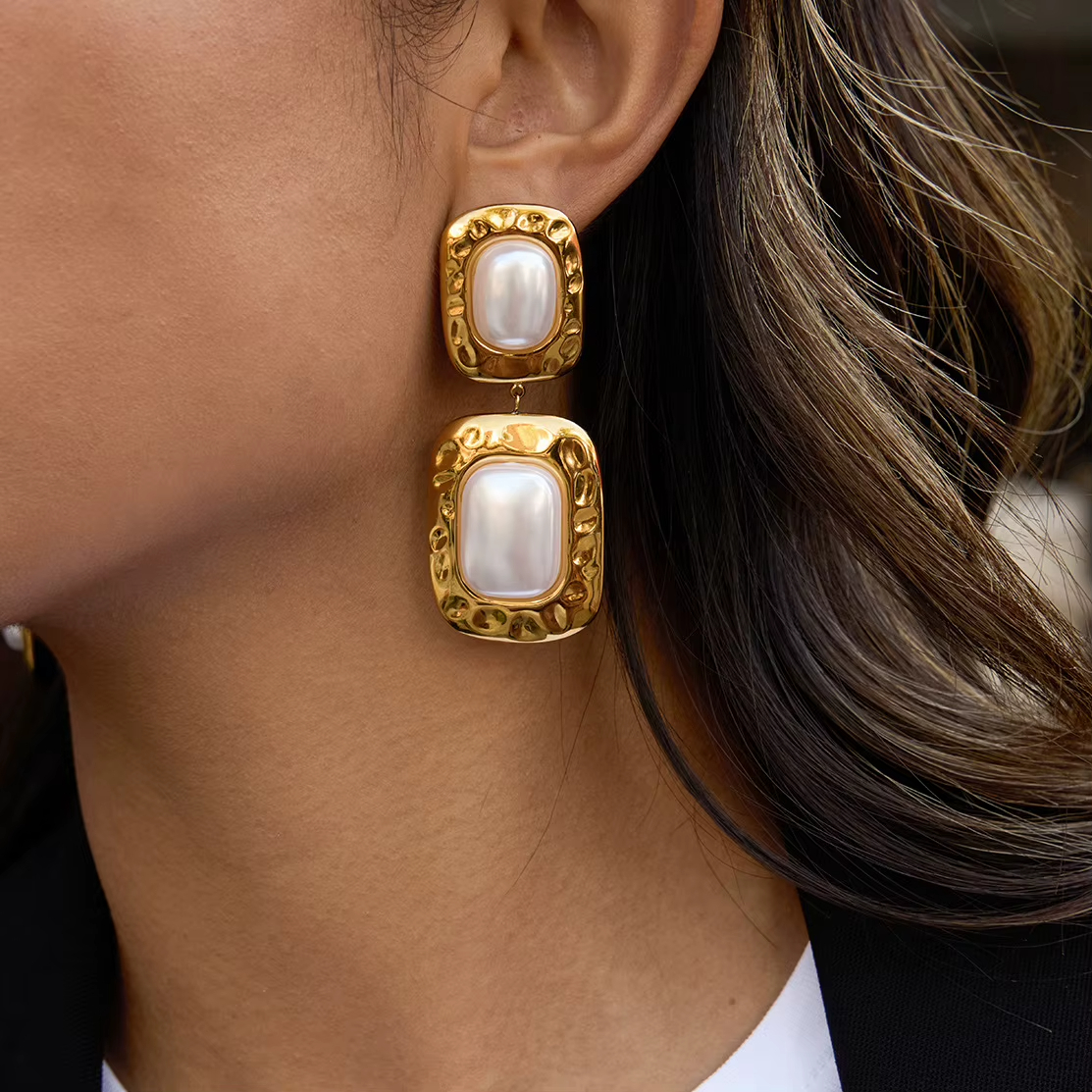 Stainless Steel Pearl Stud Earrings Light Luxury Gold-Color Plating Geometric Design Anniversary