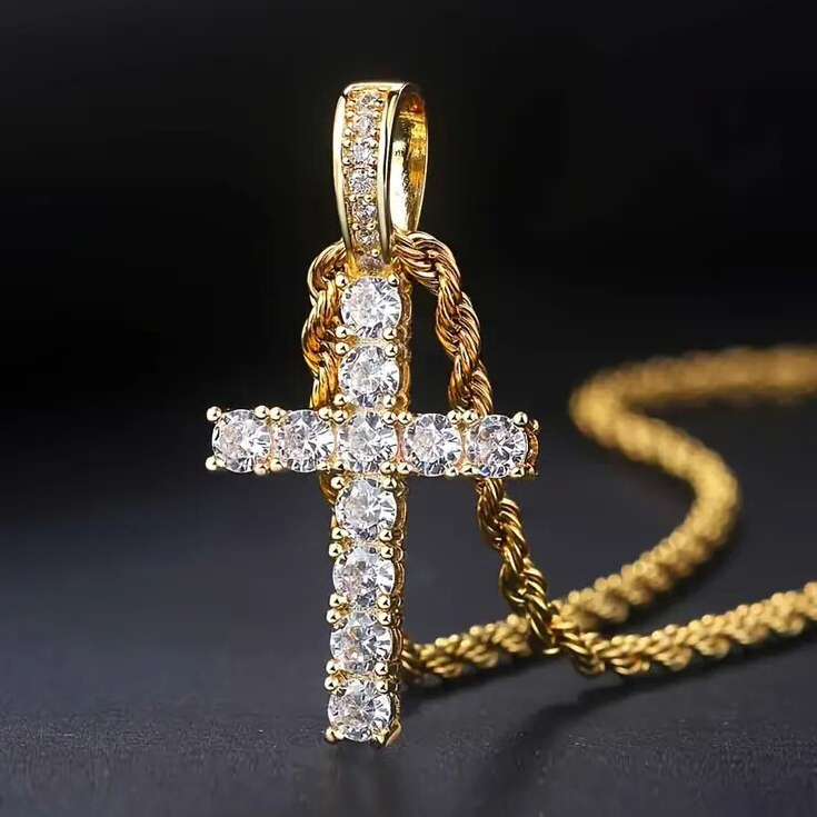 Stainless Steel Rope Chains Brass Pendant Tennis Cubic Zirconia Cross Necklaces Gold Silver Plated Ladies Necklace Men