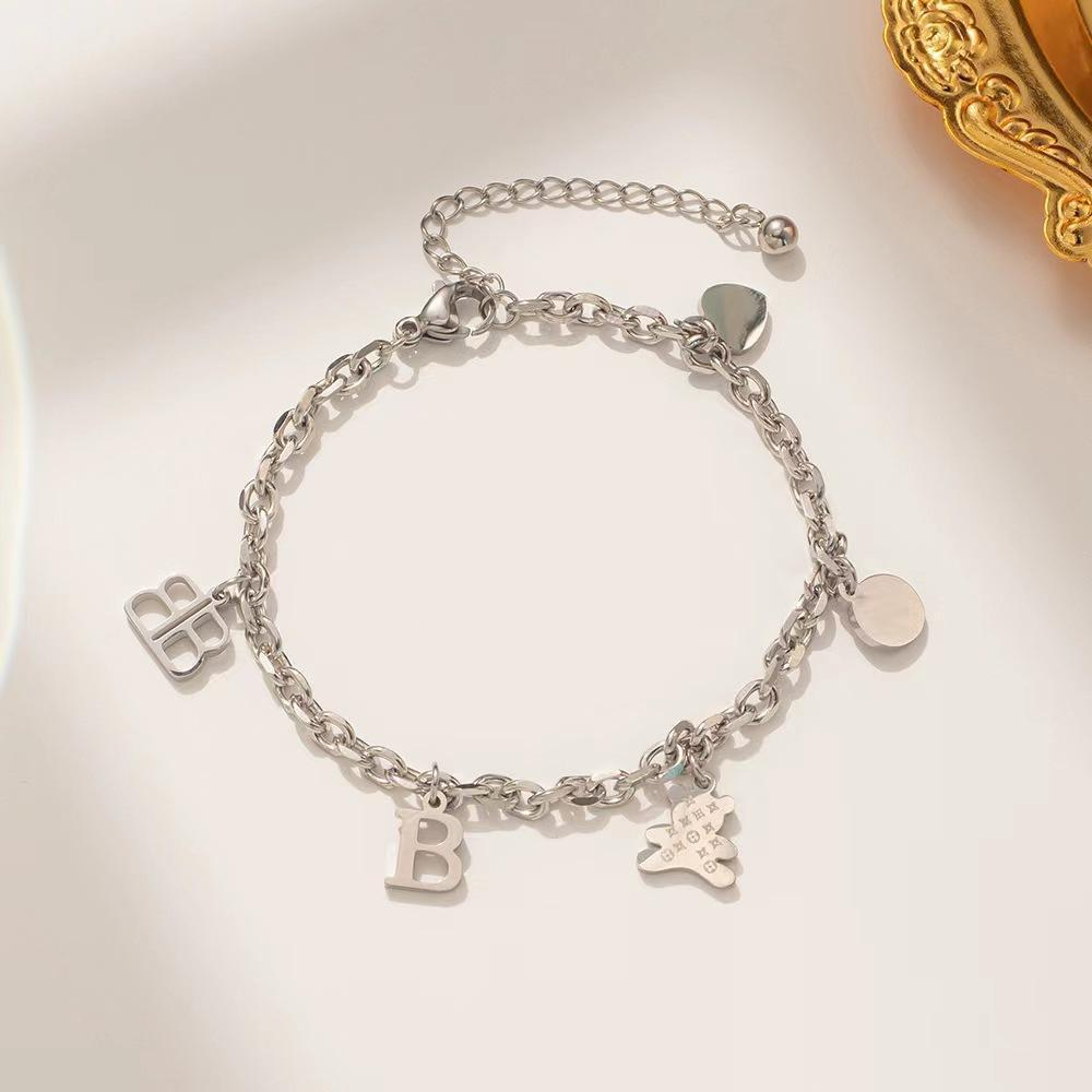 Stainless Steel Silver Charm Bracelet for Women – Adjustable Chain with Alphabet & Heart Pendants, Trendy OEM Jewelry