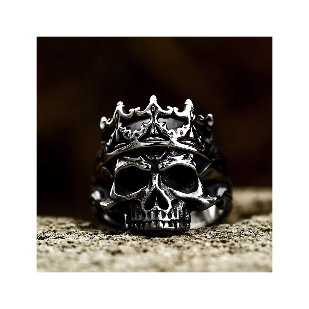 Stainless Steel Skull Crown Ring – Black Silver Trendy Gothic Lucky Head Ring for Men