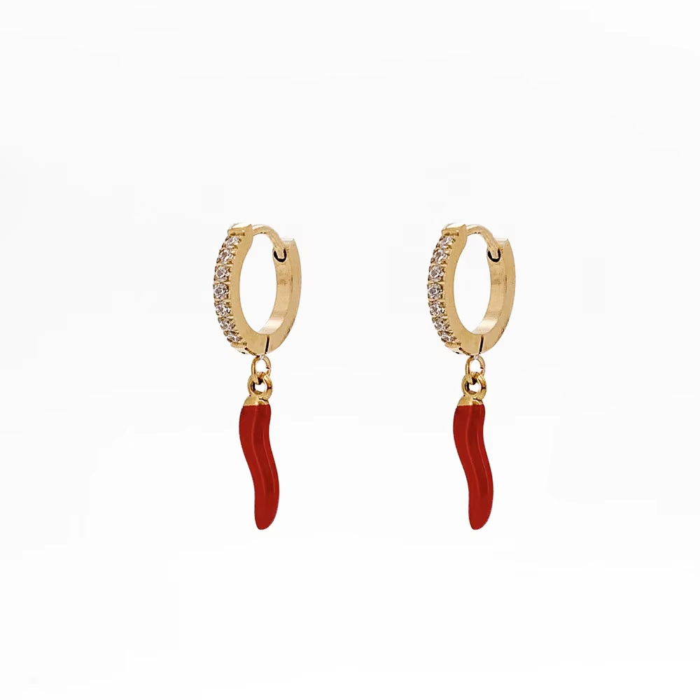 Stainless Steel Sparkle Hoop Red Chilli Cornicello Earring For Women