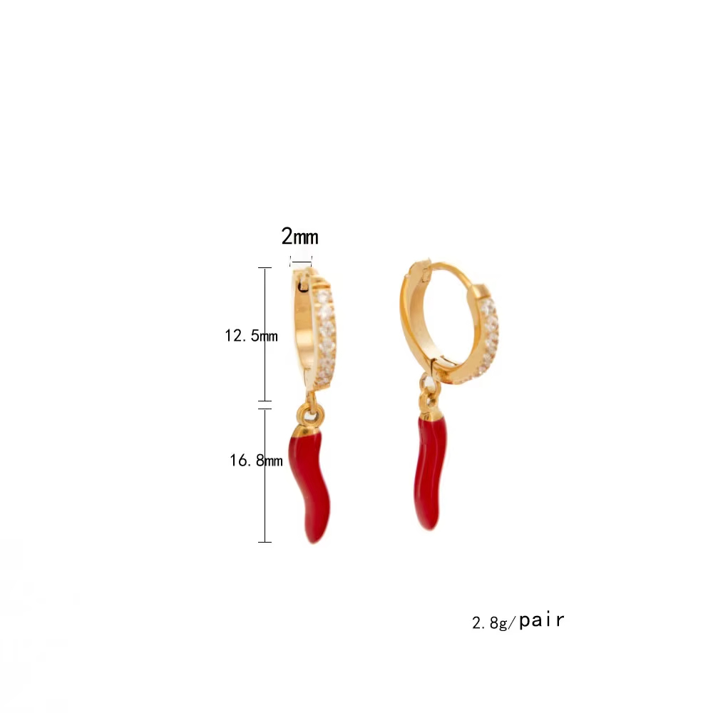 Stainless Steel Sparkle Hoop Red Chilli Cornicello Earring For Women