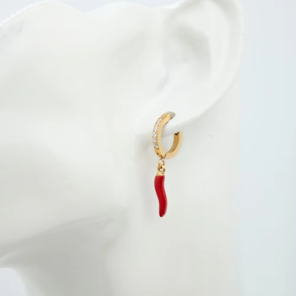 Stainless Steel Sparkle Hoop Red Chilli Cornicello Earring For Women