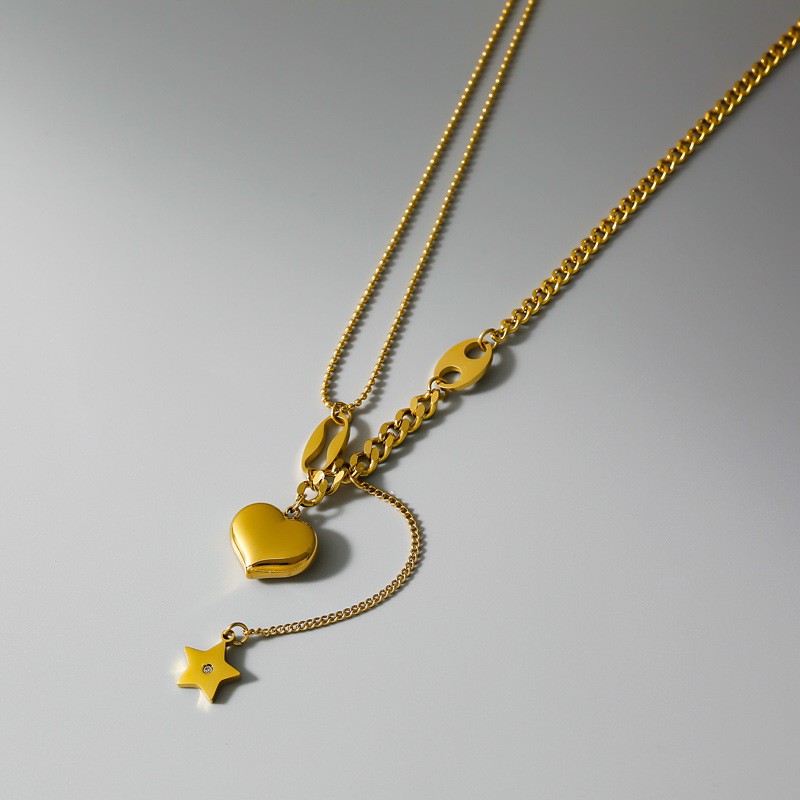 Y-Chain Heart & Star Pendant Necklace – Titanium Steel Gold Layered Jewelry
