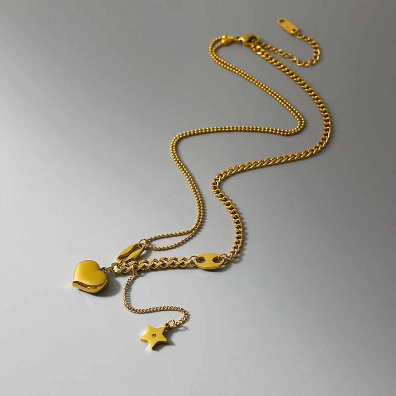 Y-Chain Heart & Star Pendant Necklace – Titanium Steel Gold Layered Jewelry