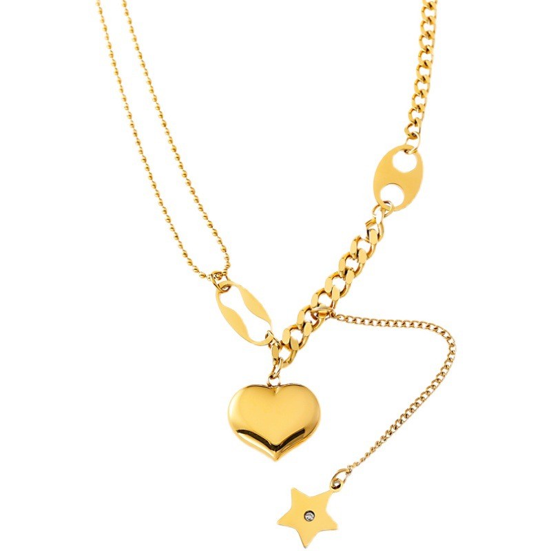 Y-Chain Heart & Star Pendant Necklace – Titanium Steel Gold Layered Jewelry