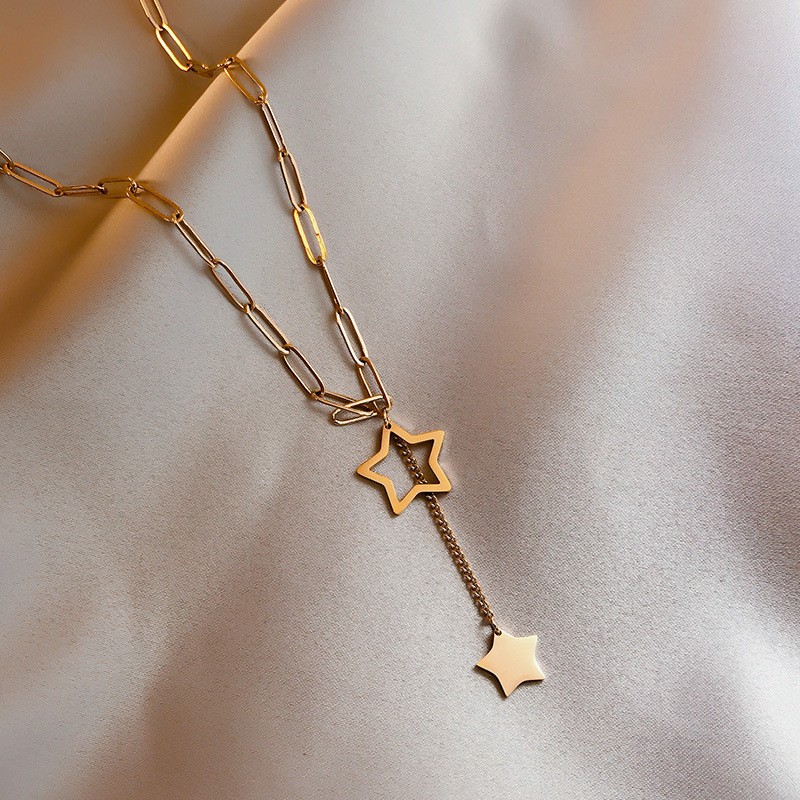 Titanium Steel Star Drop Pendant Necklace – Layered Gold Chain Jewelry