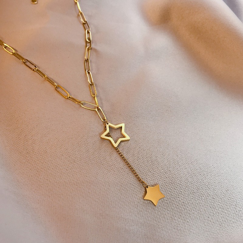 Titanium Steel Star Drop Pendant Necklace – Layered Gold Chain Jewelry