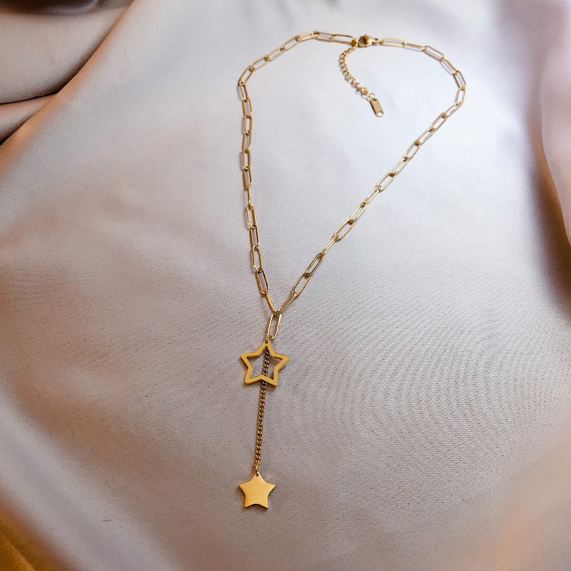 Titanium Steel Star Drop Pendant Necklace – Layered Gold Chain Jewelry