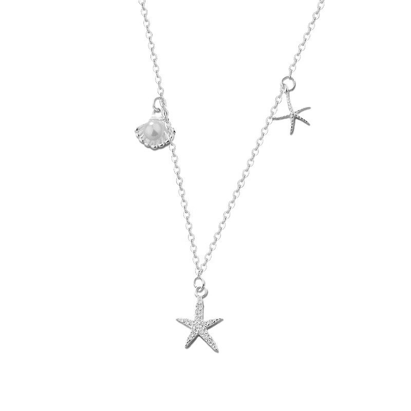 Starfish Shell Pearl Pendant Necklace for Women Summer Ocean Style Clavicle Chain