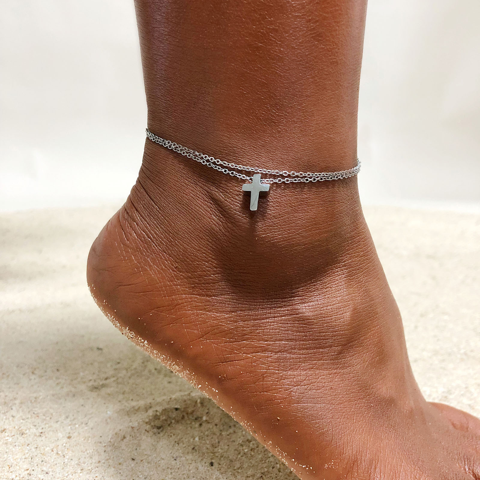 European and American cross-border hot selling itanium steel double-layer cross anklet Personality