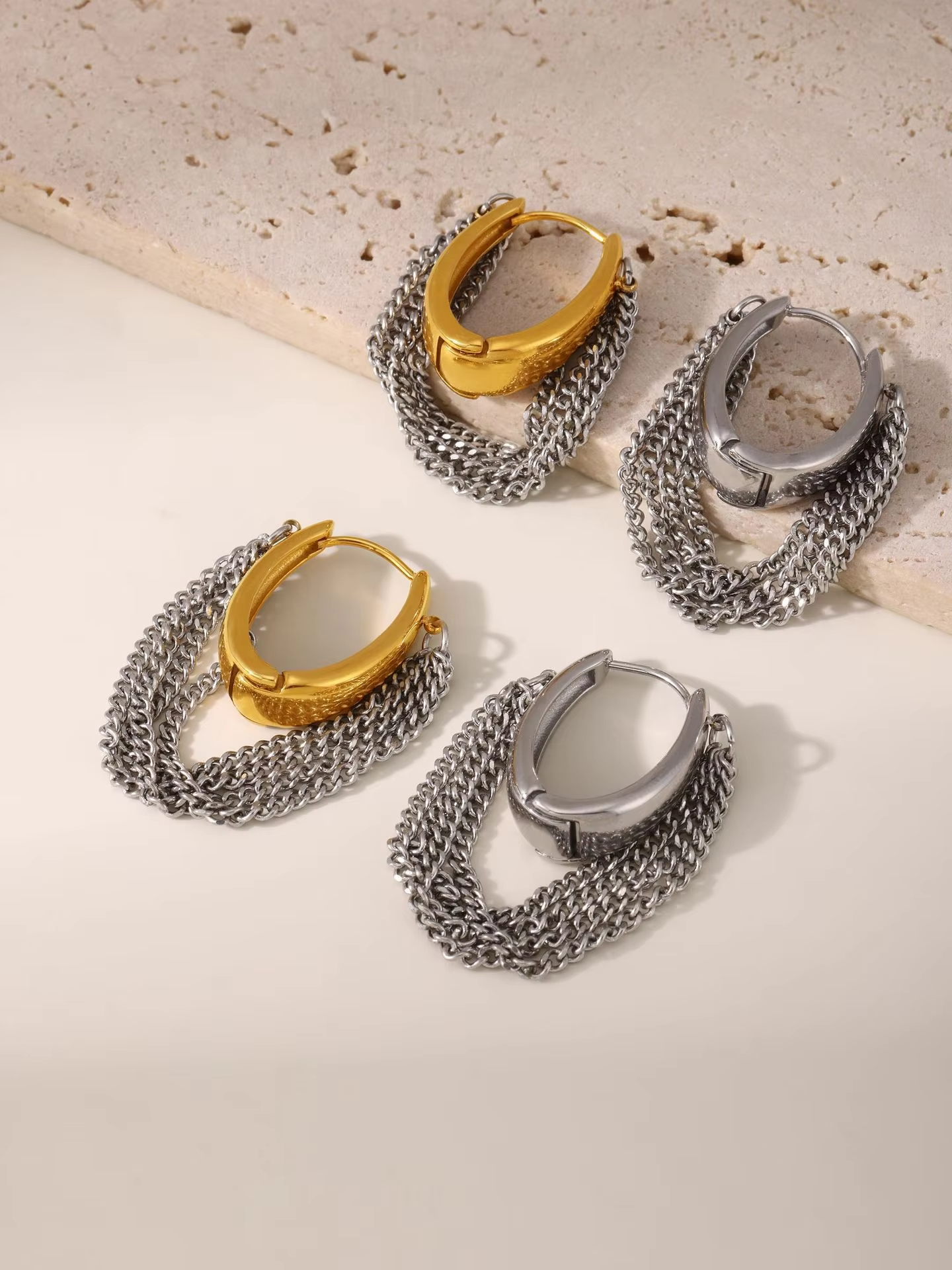 Stock 18K PVD Plated Stainless Steel Snap-on Multi-layer Chain Fringed Earrings Beaded Hoop Earrings Trendy Jewelry Gift