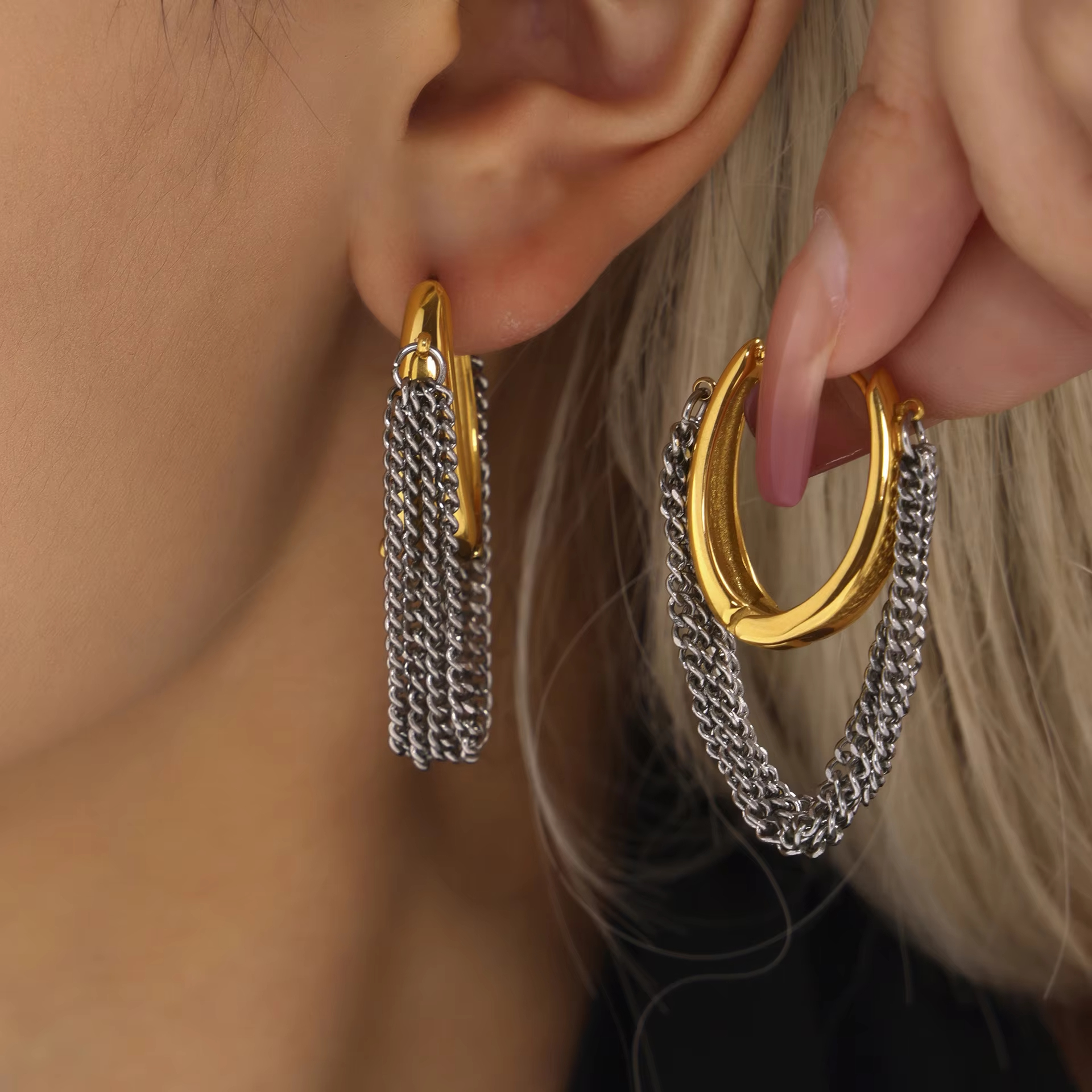 Stock 18K PVD Plated Stainless Steel Snap-on Multi-layer Chain Fringed Earrings Beaded Hoop Earrings Trendy Jewelry Gift
