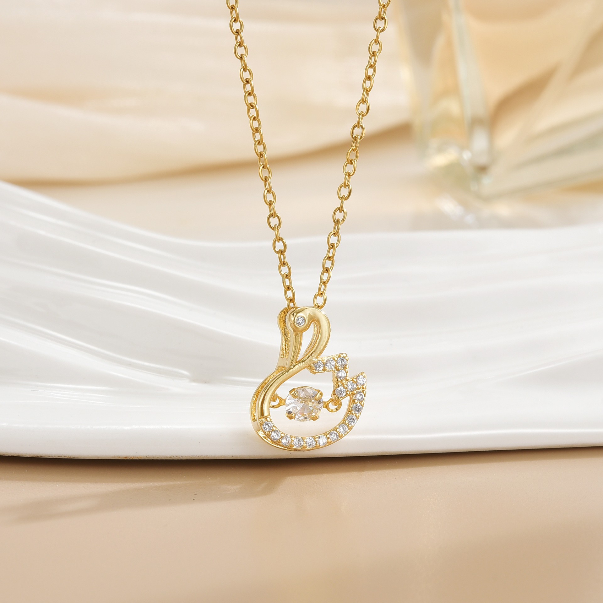 Elegant Swan Pendant Necklace with Zircon – Titanium Steel