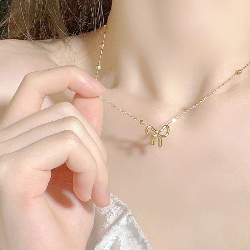 Sweet Bow Necklace Set Stainless Steel Jewelry Gold Tone Bow Pendant Necklace Bracelet Earrings Set for Women