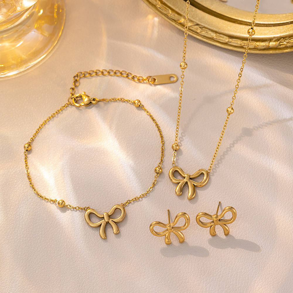Sweet Bow Necklace Set Stainless Steel Jewelry Gold Tone Bow Pendant Necklace Bracelet Earrings Set for Women