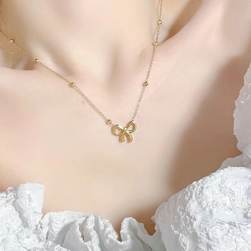 Sweet Bow Necklace Set Stainless Steel Jewelry Gold Tone Bow Pendant Necklace Bracelet Earrings Set for Women