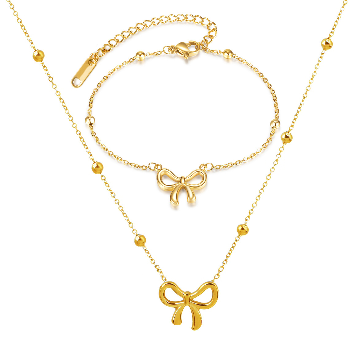 Sweet Bow Necklace Set Stainless Steel Jewelry Gold Tone Bow Pendant Necklace Bracelet Earrings Set for Women