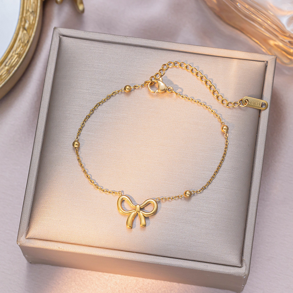 Sweet Bow Necklace Set Stainless Steel Jewelry Gold Tone Bow Pendant Necklace Bracelet Earrings Set for Women