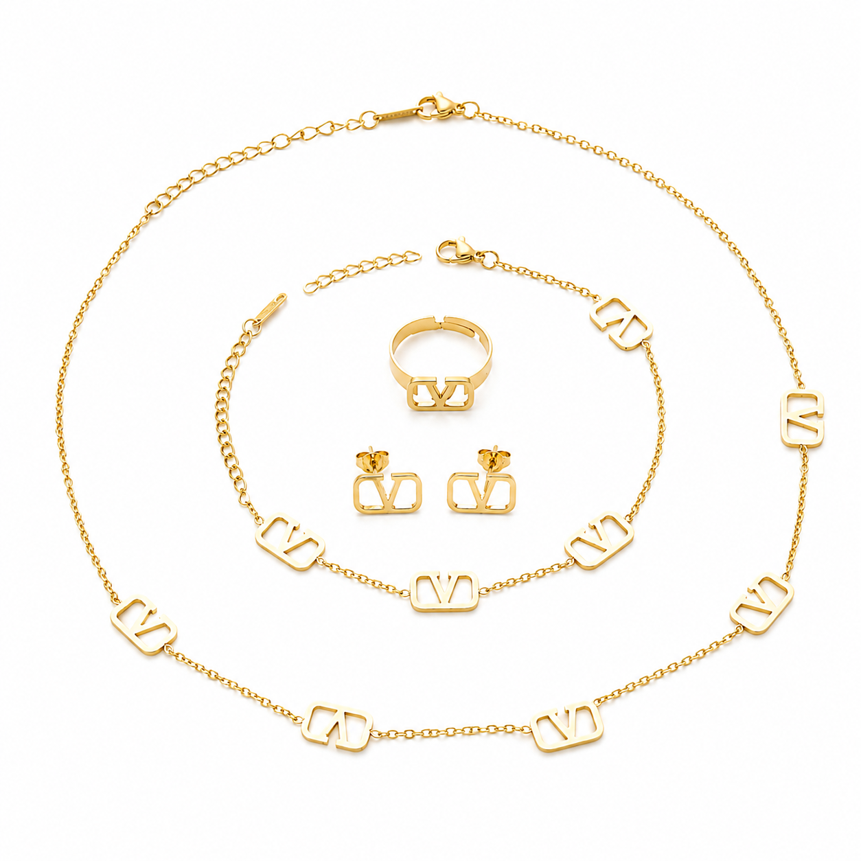 Sweet stainless steel jewelry sets with four-piece necklace bracelet earrings and ring for fashion gift wholesale