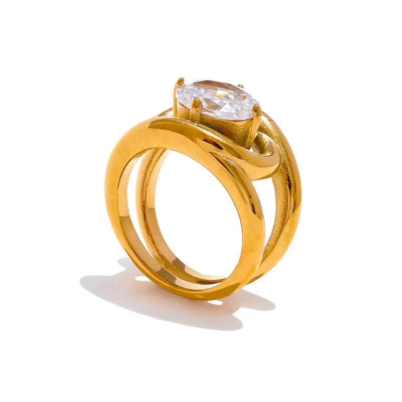 Temperament Double Layer Cubic Zirconia Stainless Steel Ring – PVD Gold Plated Geometric Finger Jewelry