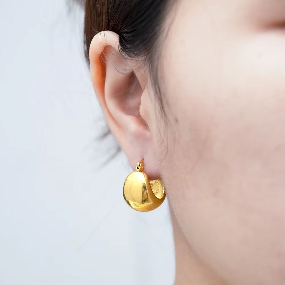 Threndy Stainless Steel Gold Plated Droplets Stud Earrings Jewelry Women Hammer Round Hollow Water Drop Earrings