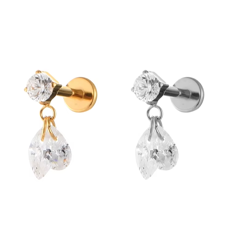 Titanium Claw Set Zircon with Teardrop Dangles Internally Threaded Top Helix Ear Ring Piercing Body Jewelry