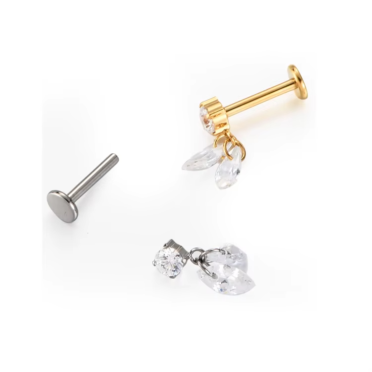 Titanium Claw Set Zircon with Teardrop Dangles Internally Threaded Top Helix Ear Ring Piercing Body Jewelry