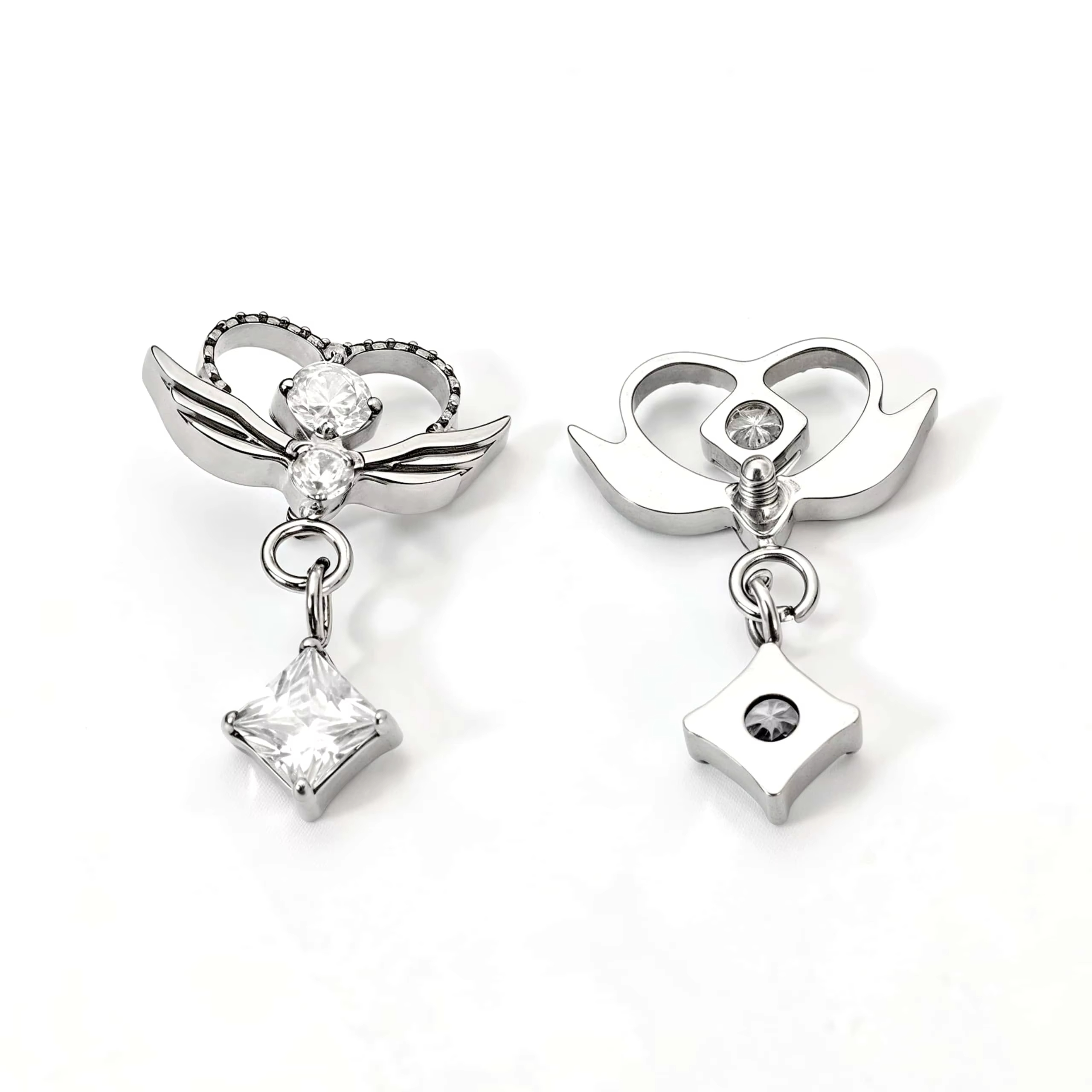 Titanium Love Heart Wing Pendant Pav-Set Zircon Ear Cartilage Bone Stud Earrings Titanium Alloy Unisex Office