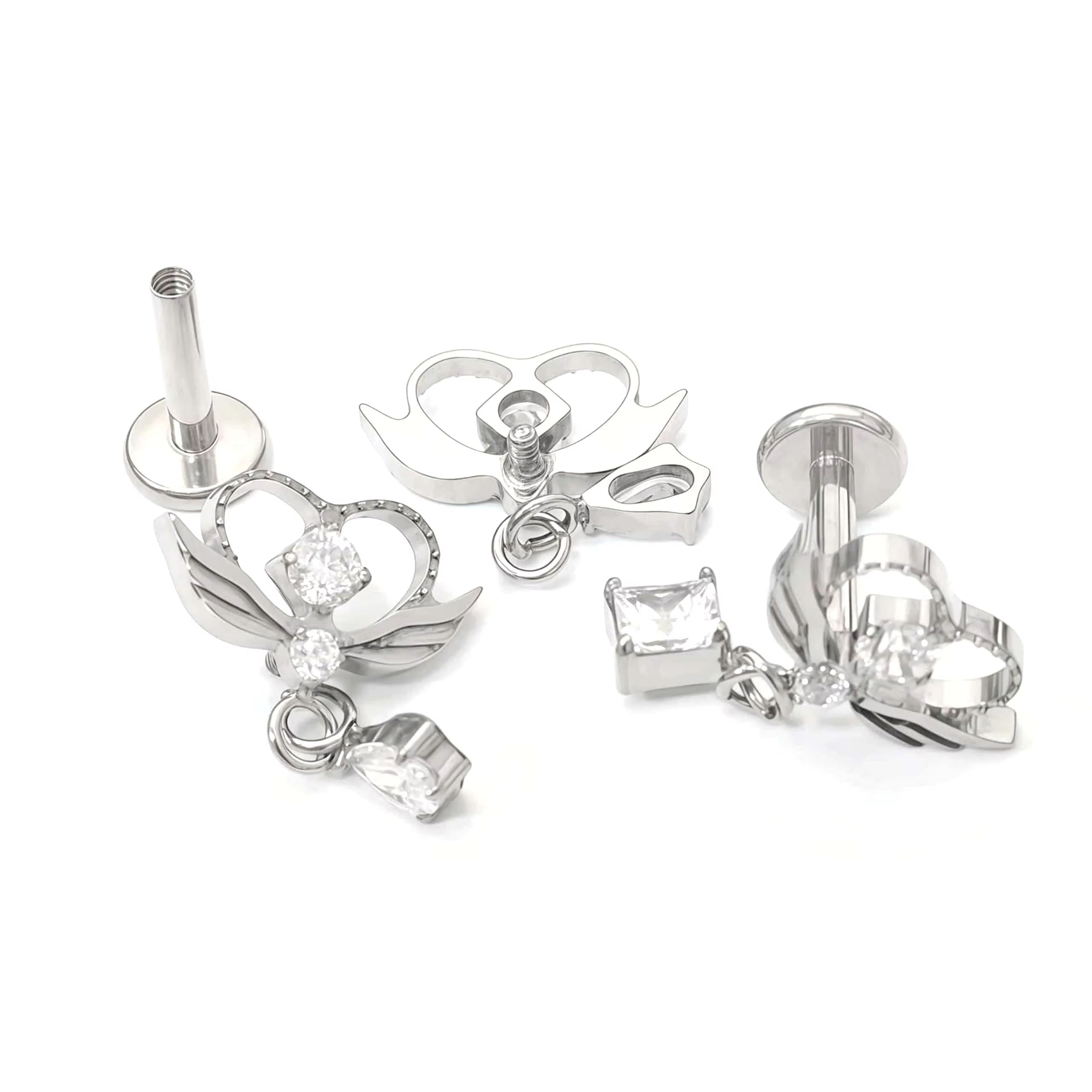 Titanium Love Heart Wing Pendant Pav-Set Zircon Ear Cartilage Bone Stud Earrings Titanium Alloy Unisex Office