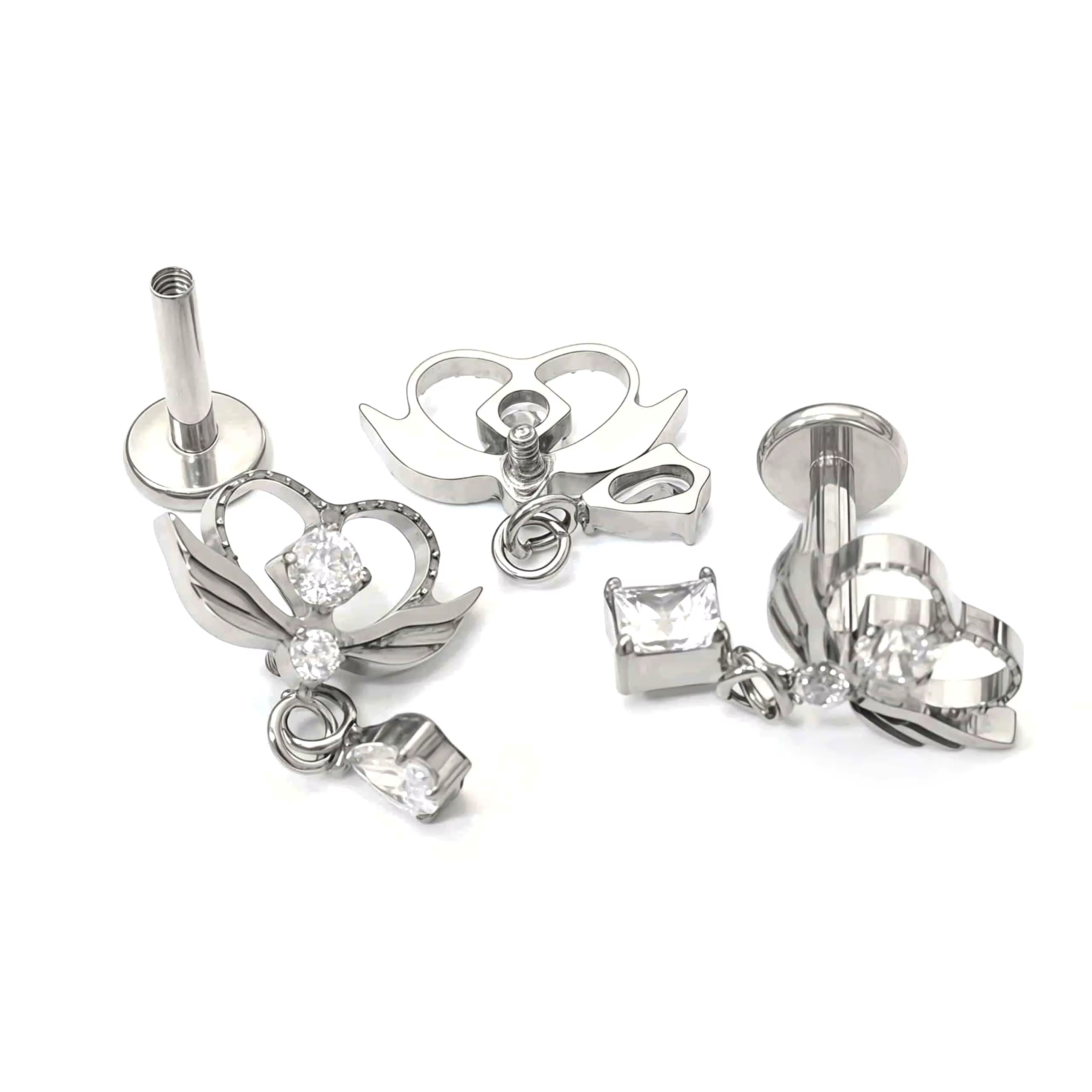 Titanium Love Heart Wing Pendant Pav-Set Zircon Ear Cartilage Bone Stud Earrings Titanium Alloy Unisex Office