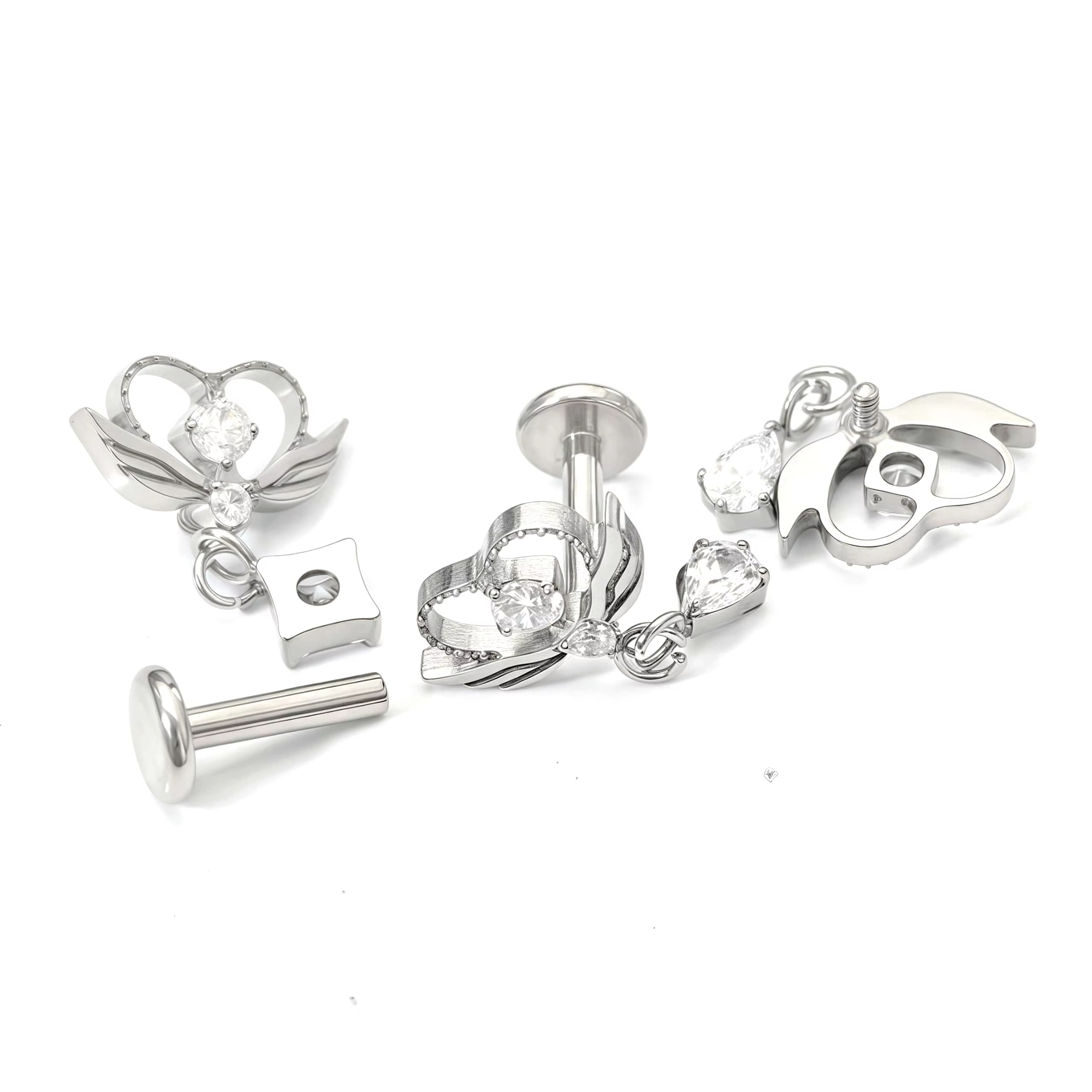Titanium Love Heart Wing Pendant Pav-Set Zircon Ear Cartilage Bone Stud Earrings Titanium Alloy Unisex Office