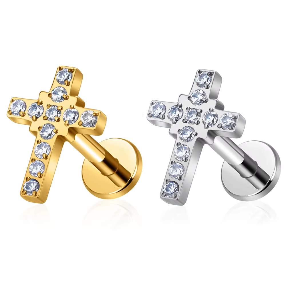 Titanium Piercing Stud Earrings Cross Shaped 16G Zircon Punk Style Wedding 18K Gold Plated Ear Tragus Cartilage