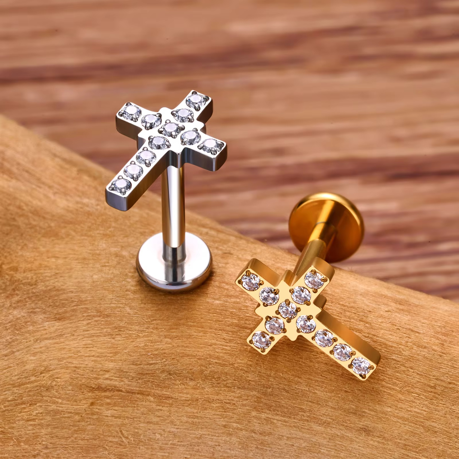 Titanium Piercing Stud Earrings Cross Shaped 16G Zircon Punk Style Wedding 18K Gold Plated Ear Tragus Cartilage