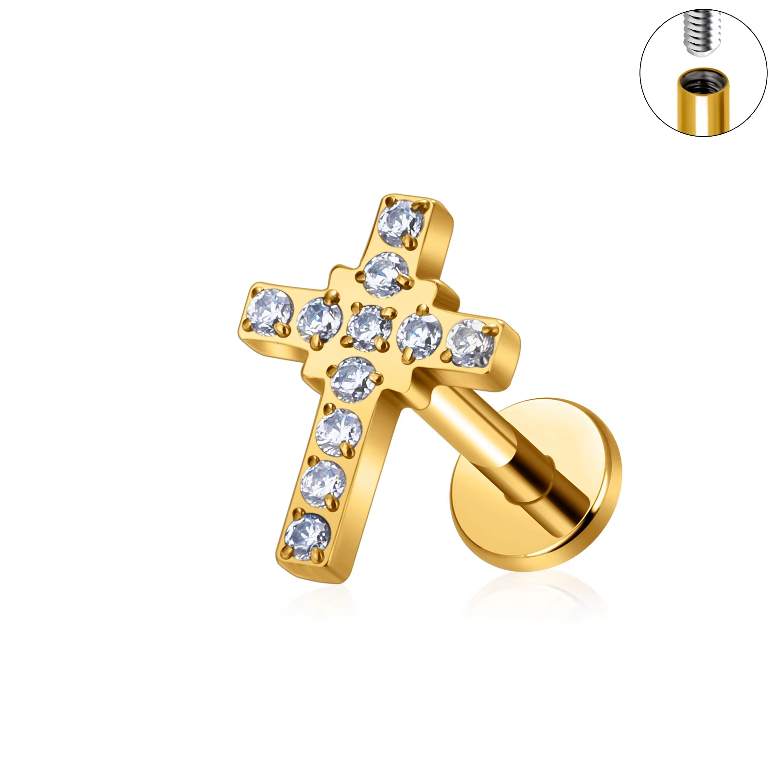 Titanium Piercing Stud Earrings Cross Shaped 16G Zircon Punk Style Wedding 18K Gold Plated Ear Tragus Cartilage