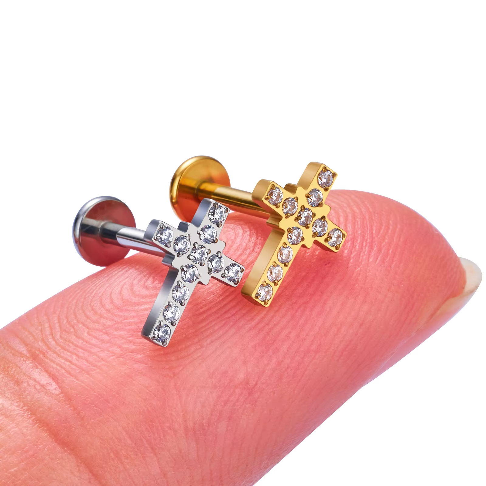 Titanium Piercing Stud Earrings Cross Shaped 16G Zircon Punk Style Wedding 18K Gold Plated Ear Tragus Cartilage