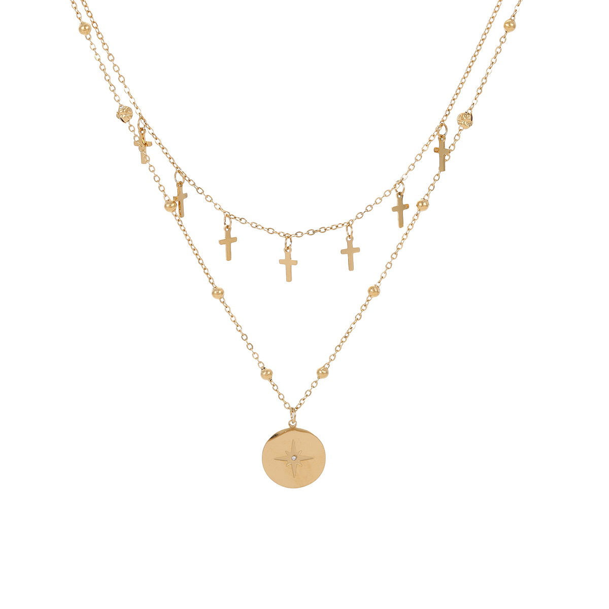 Titanium Steel Vintage Double Layer Cross Necklace, stainless steel beaded chain pendant cross jewelry for Women