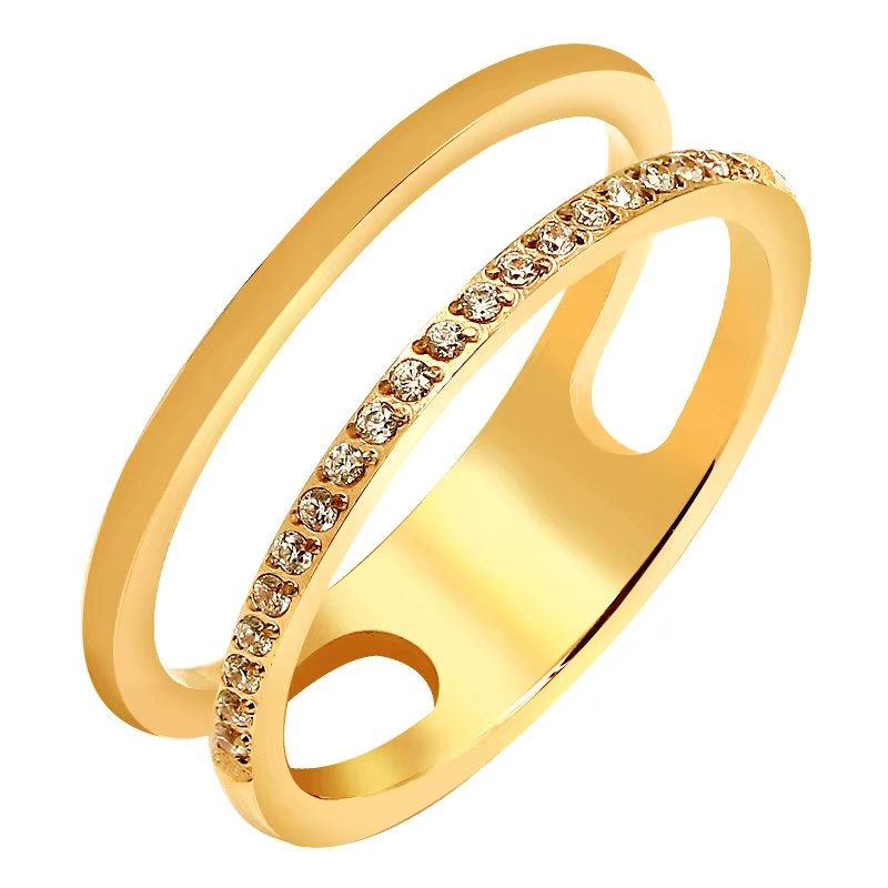 Trending 18K Gold Plated Stainless Steel Double Layer Zircon Eternity Ring – Waterproof Stackable Ring for Women