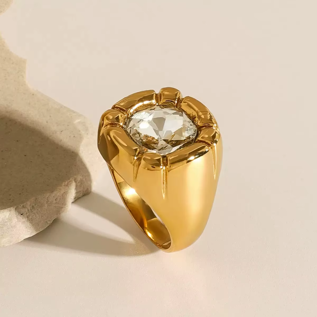 Trendy 14K Gold Plated Stainless Steel Square Zircon Ring – Waterproof Jewelry Gift for Women