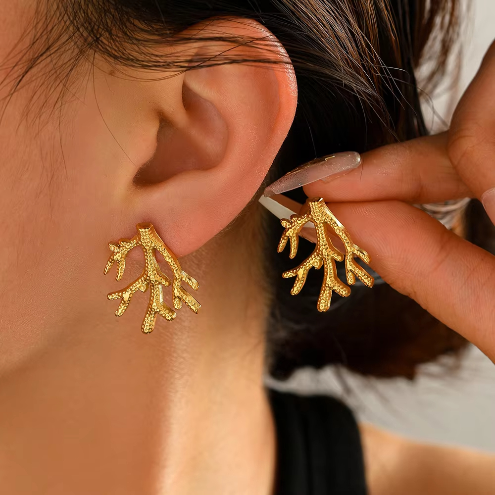 Trendy Coral Branch Shape Stainless Steel Earrings Fashion Stud Earrings