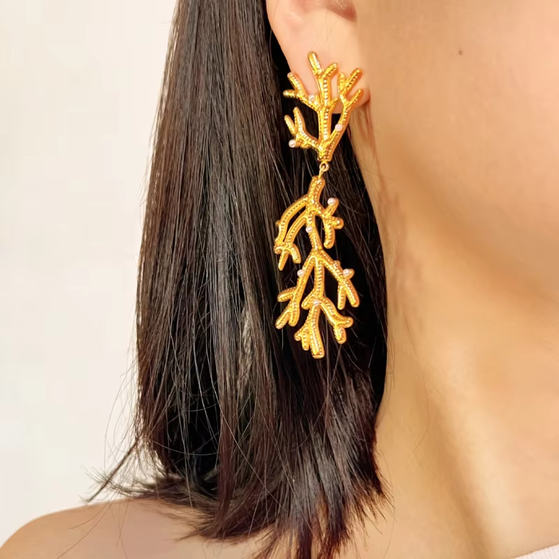 Trendy Coral Branch Shape Stainless Steel Earrings Fashion Stud Earrings