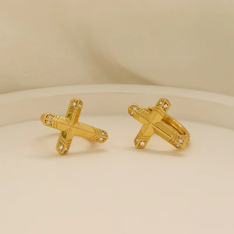 Trendy Gold Plated Cross Snake Shape Brass Jewelry Hoop Earrings With Zircon