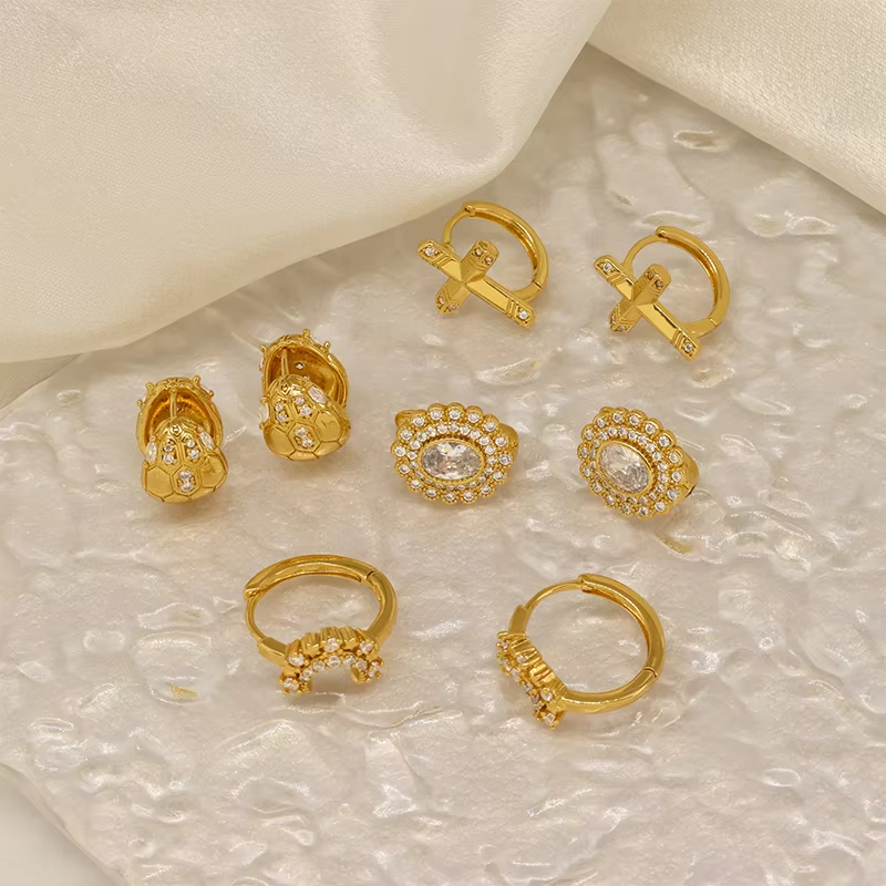 Trendy Gold Plated Cross Snake Shape Brass Jewelry Hoop Earrings With Zircon